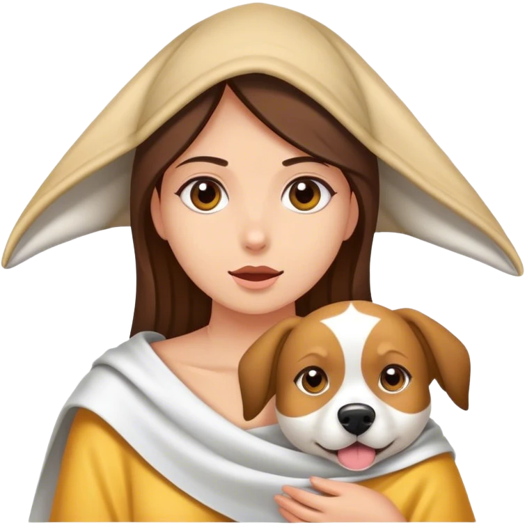 Chica con manta sobre su cabeza envuelta con su perro chico blanco sobre ella emoji
