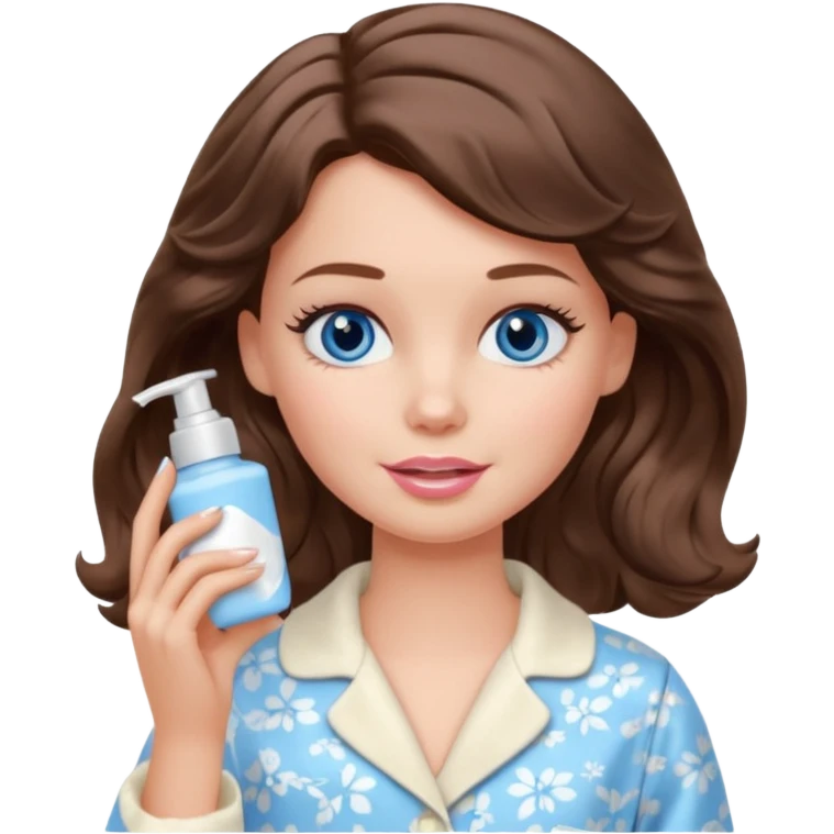 Barbie girl with makeup, blue eyes , and bob long haircut wavy, short brown hair in creamy color pajamas, face cream in hand emoji