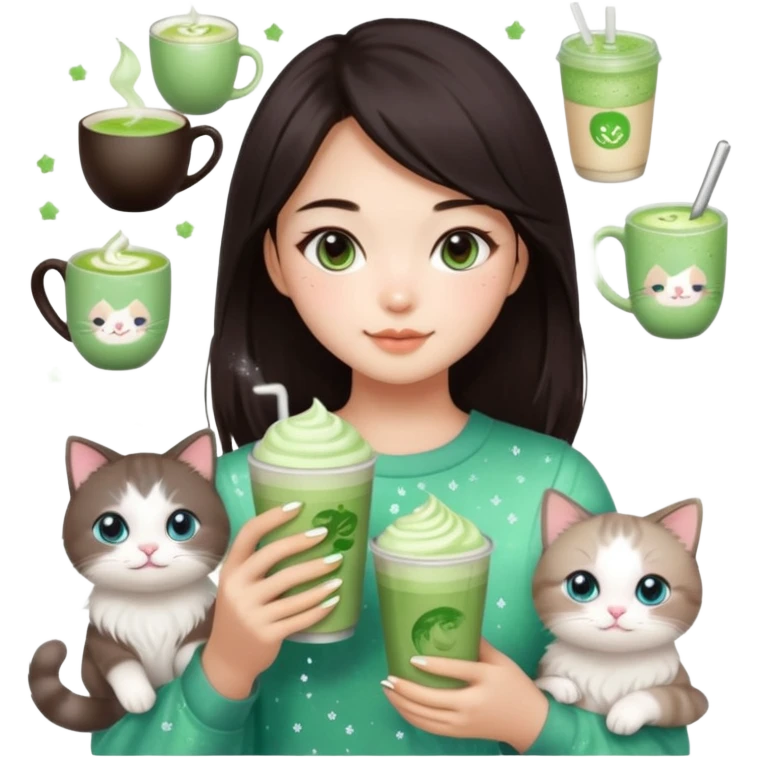 asian girl with shoart dark brown hair with a soft girl glowup aesthetic. matcha latte sparkles girly things, 2 ragdoll cats, skincare, makeup emoji