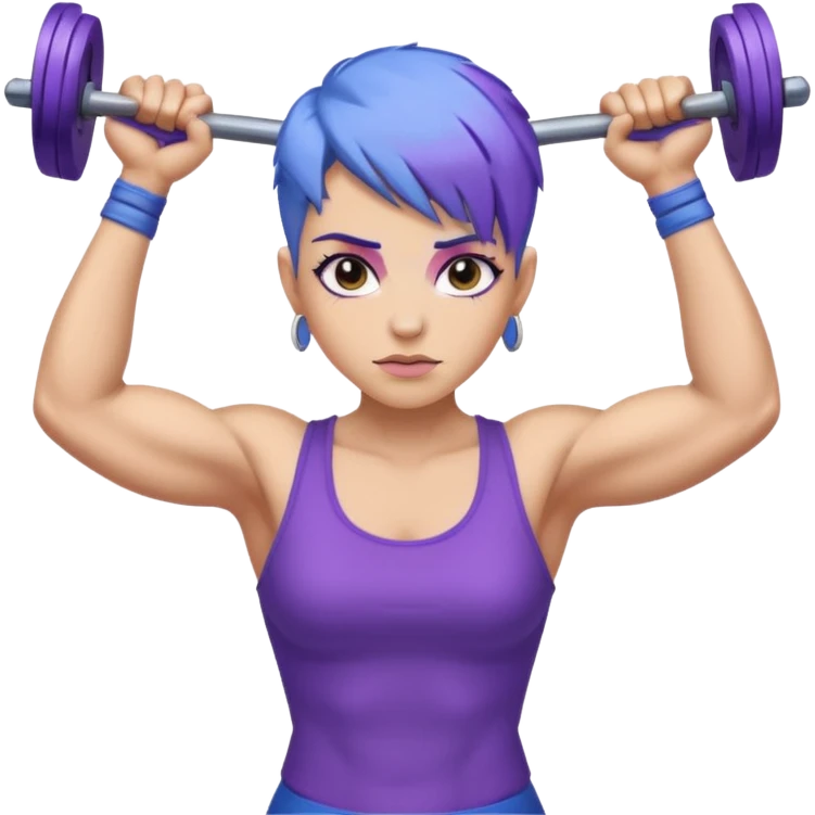 weight lift woman short blue purple har muscles bar is not growing from head emoji