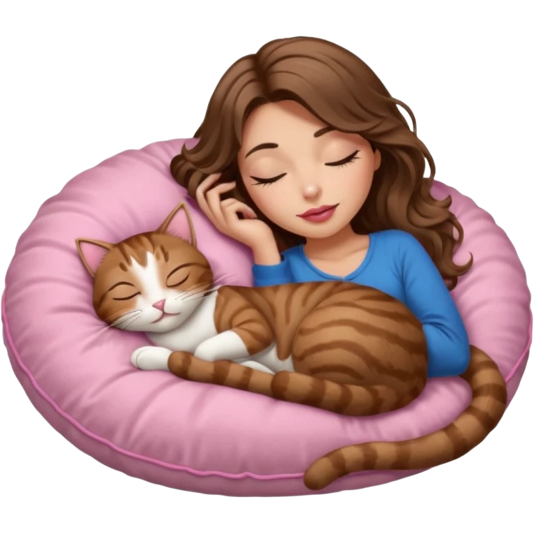 girl with long wavy brown hair, brown eyes, long lashes makeup, sexy pink lips, light to medium complexion,  sleeping on a cozy pillow, with brown tabby cat, sleeping emoji