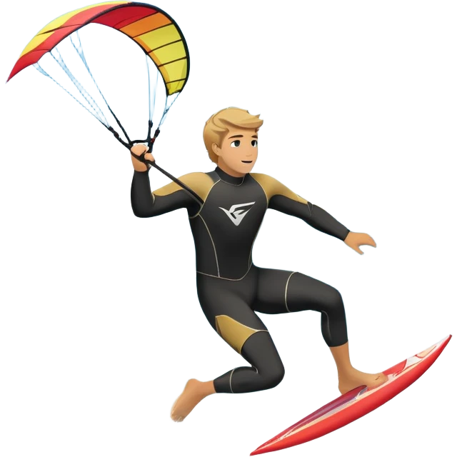 A kite surfer soaring above the waves, holding onto a kite with the wind in full force. The background showcases the ocean and sky, emphasizing the freedom, thrill, and energy of the sport. The motion of the kite and board is dynamic, capturing the excitement of kiting. emoji