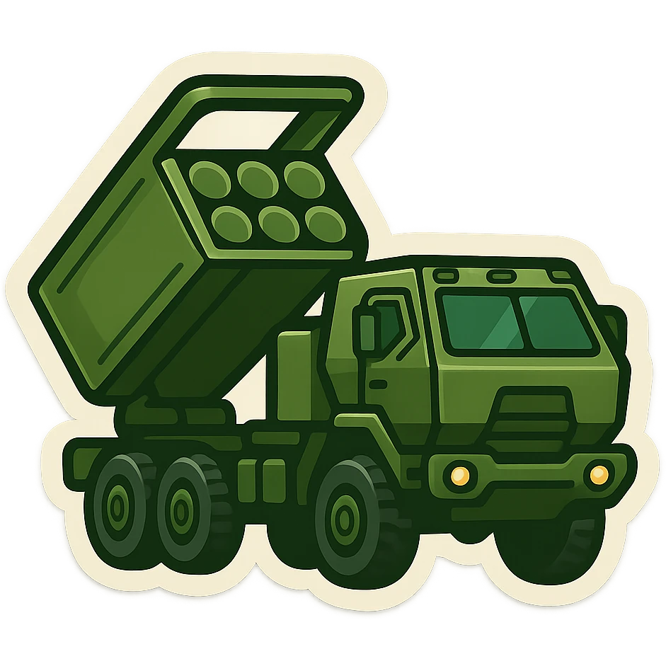 Create an emoji of HIMARS based on the provided photo. Style: emoji, front-side view, six rocket tubes, cabin, raised launcher, military green color, no background, simple shape. emoji