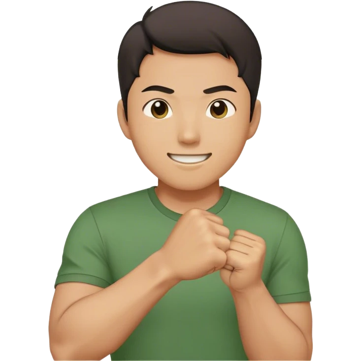 A determined Korean man in a green shirt, clenching his right fist with a confident & smile expression. Emoji-style digital illustration emoji