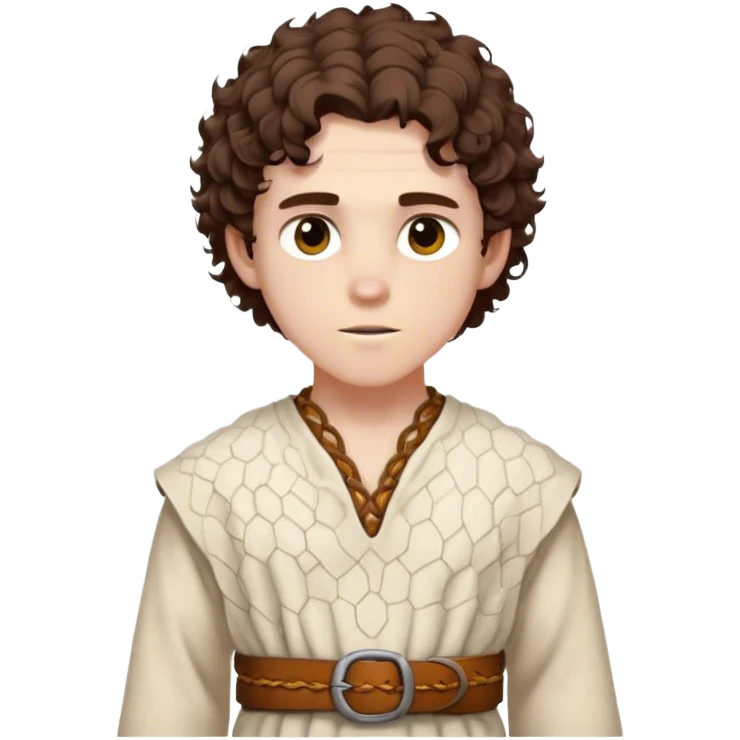 Medieval spring outfit worn by a DnD themed fantasy male character. Natural undyed wool tunic with subtle honeycomb pattern weaving, secured by a braided leather belt with bone toggles. Clothes only above the waist, full waist coverage. The character has no arms. Character is white-skinned with rich brown hair, amber eyes, and short curly hair with a slight windswept look. emoji