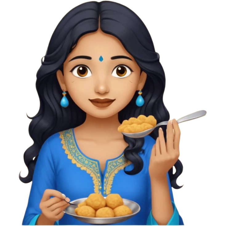a pretty tan indian bratz girl with wavy long BLACK hair. eyeliner on, wearing a blue kurti, eating golgappa (without spoon) emoji