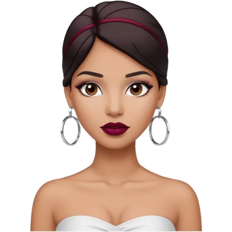 latina makeup olsun, saçları düz, halka küpeler taksın. takıların hepsi gümüş rengi olsun halka küpeler ve kolye dahil. makyajı ağır olsun ve beyaz bir Bandeau top kıyafet giyisin dudakları bordo olsun emoji