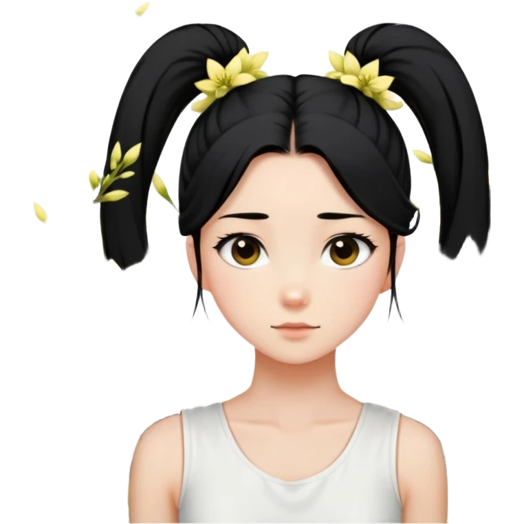 A girl with a high ponytail, a black hair tie, and a sleeveless white top, surrounded by blooming forsythias. emoji