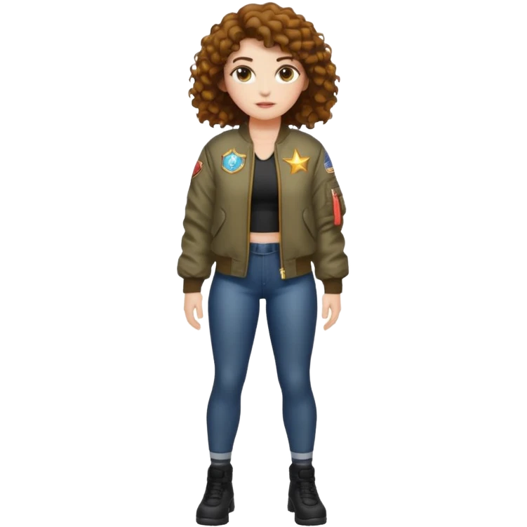 full body woman short curly brown mullet brown eyes white skin muscular build firefly bomber jacket emoji