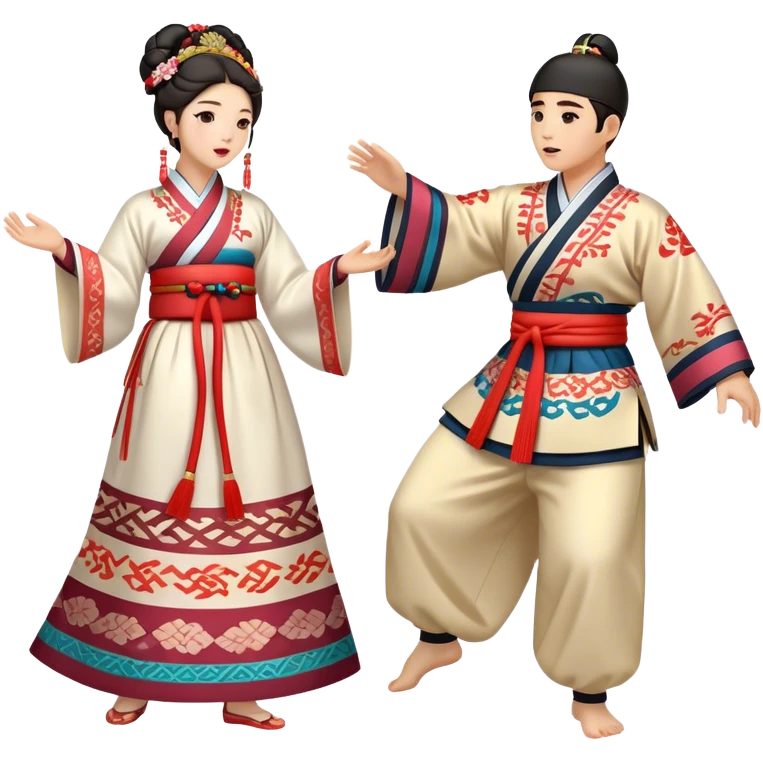 Cinematic Realistic scene of two performers engaging in Ganggangsullae, dressed in traditional Korean costumes with intricate patterns and graceful movements, illuminated by soft, festive lighting that accentuates the cultural ambiance emoji