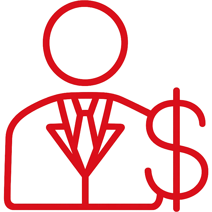Minimalist red business owner icon with dollar sign. Red line art only, representing wealth and corporate success. CEO symbolic representation. emoji