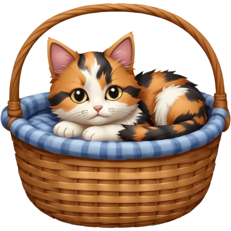 A fluffy kitten curled inside a wicker basket with sleepy eyes. emoji