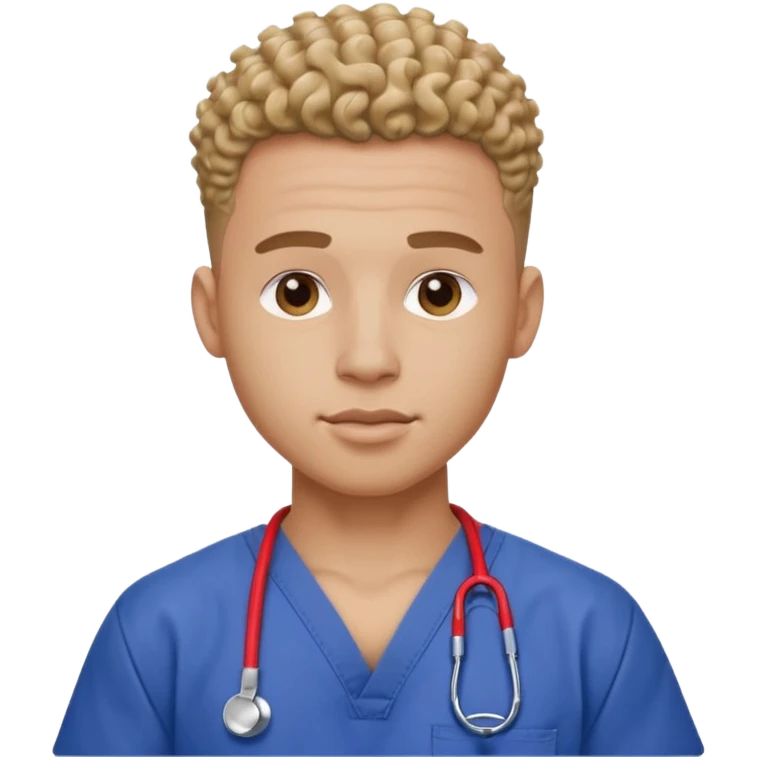 Ripped, athletic man with thick neck, high top fade with no part, curly hair only top only, no shirt and show waistline up add scrubs emoji