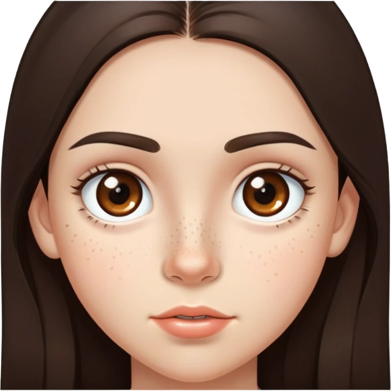 A 12-year-old girl with very long dark brown hair, light brown eyes, thick eyebrows, slightly big lips, a small freckle on her cheek and another small freckle under her eye emoji