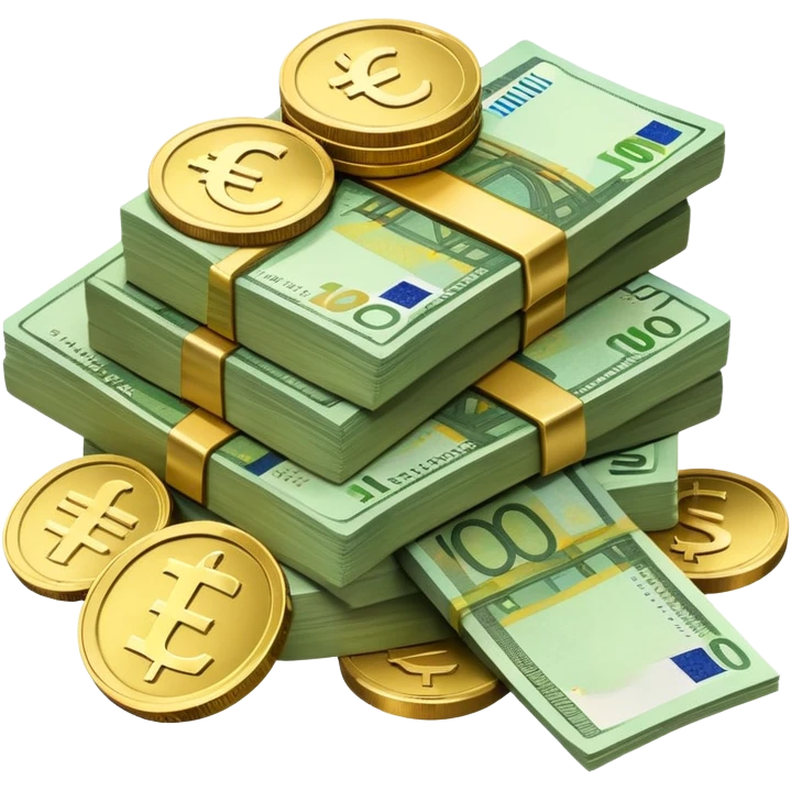 side view of a pile of euro coins and euro bank notes emoji