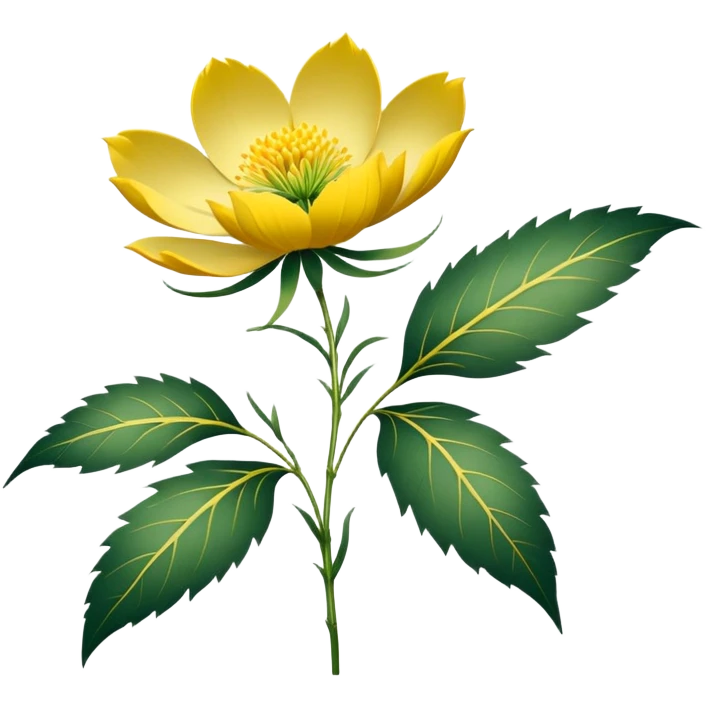 Japanese style Fukujuso (Adonis amurensis) flower in ukiyo-e inspired design, bright golden-yellow petals, green feathery leaves, traditional composition on subtle rice paper texture emoji