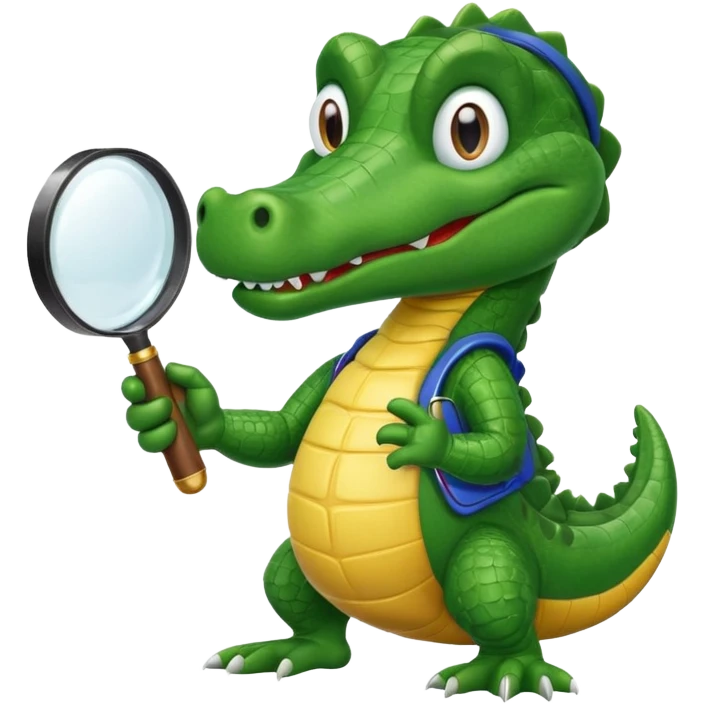 A green academic cartoon gator with a magnifying glass on a light background emoji