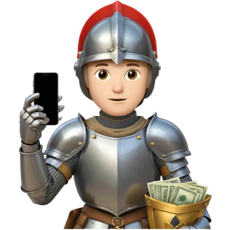Knight with helmet holding phone and money neutral skin colour emoji