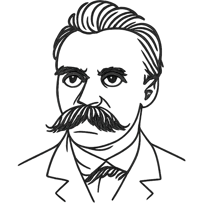 a hand drawn black outline portrait of philosopher Friderich Nietzsche with similar-sized eyes based a famous portrait of him emoji
