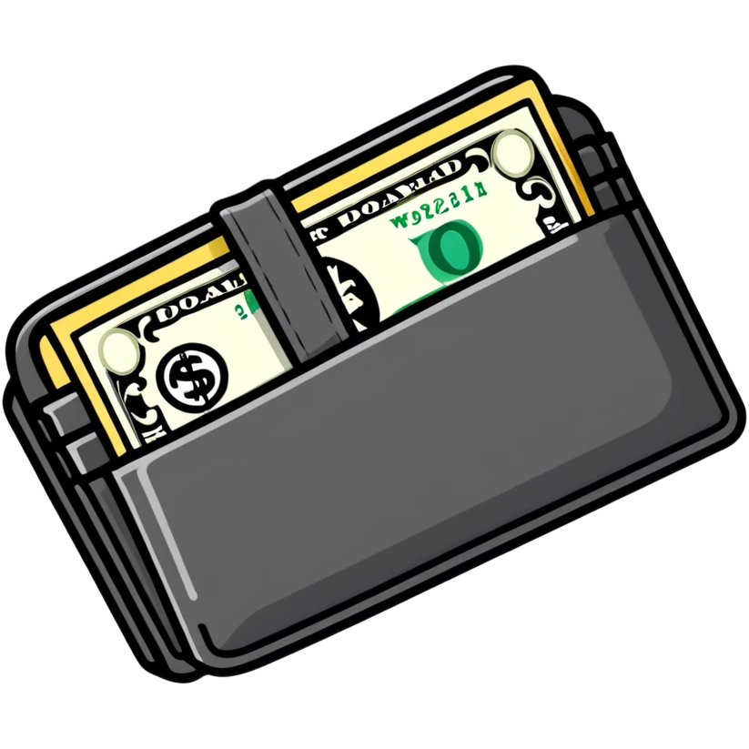 black leather wallet with dollar bills inside and a small clock in top right corner positioned over the wallet emoji