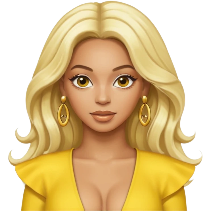 Beyonce with long platinum blonde hair, yellow outfit and earring emoji
