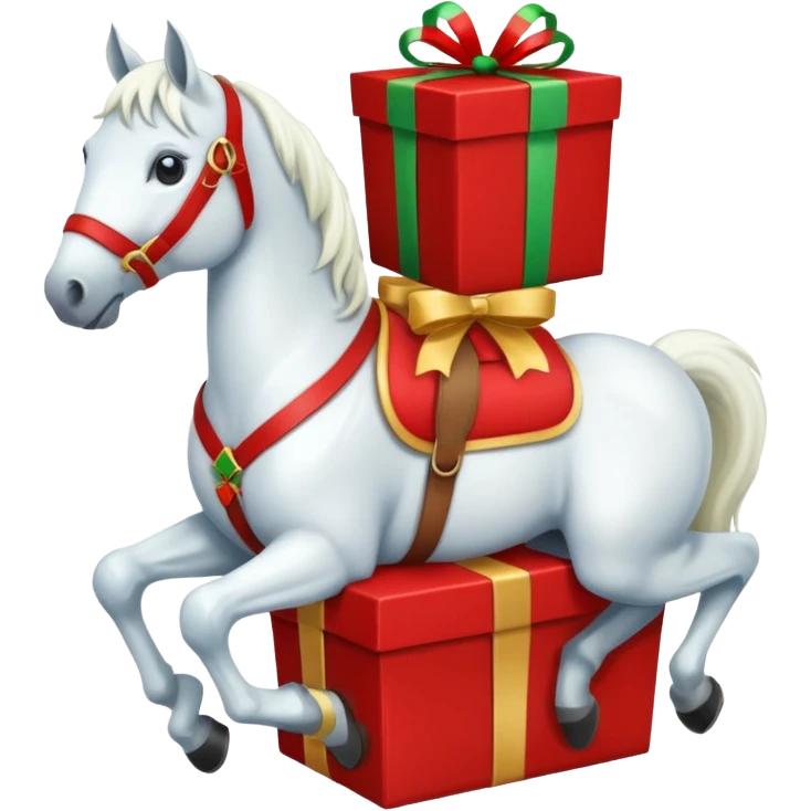 christmas new year's white horse with a red saddle with gift box on saddle emoji