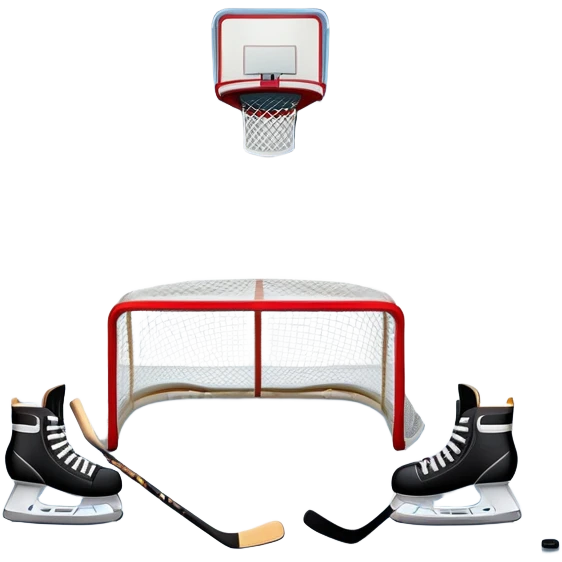 An icon showing a hockey stick, puck, skates, and goalposts on the ice. The background features a large hockey stadium with cheering fans, bright lights, and a snowy landscape visible through the arena. Transparent background highlights the main hockey equipment and atmosphere. emoji
