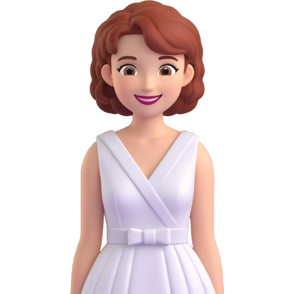 emoji style portrait of a woman with matching hairstyle, facial features, and white dress, smiling, simple or transparent background emoji