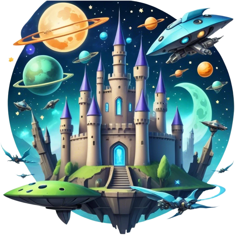 Icon for Fantasy and Sci-Fi Movies: A magical collage with flying dragons. futuristic spaceships and UFOs. Stars and planets shimmer in the background with a mystical castle Hogvards an ancient wizard and robots. The atmosphere is epic, otherworldly and adventurous. Transparent background. emoji