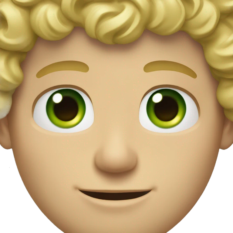 Blonde man with curly hair and green eyes and a square ja emoji