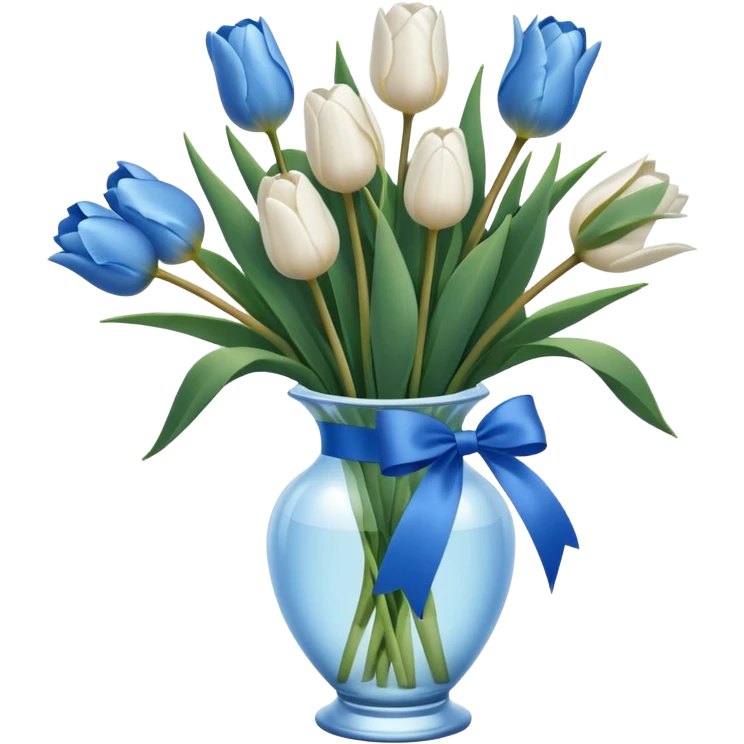 White tulips in case, with a blue ribbon emoji