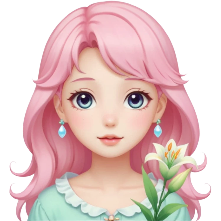 Gorgeous pastel anime style lady with blushing face and lilies cottagecore fairycore pastelcore colorful pearly romantic simplistic aesthetic trending style emoji