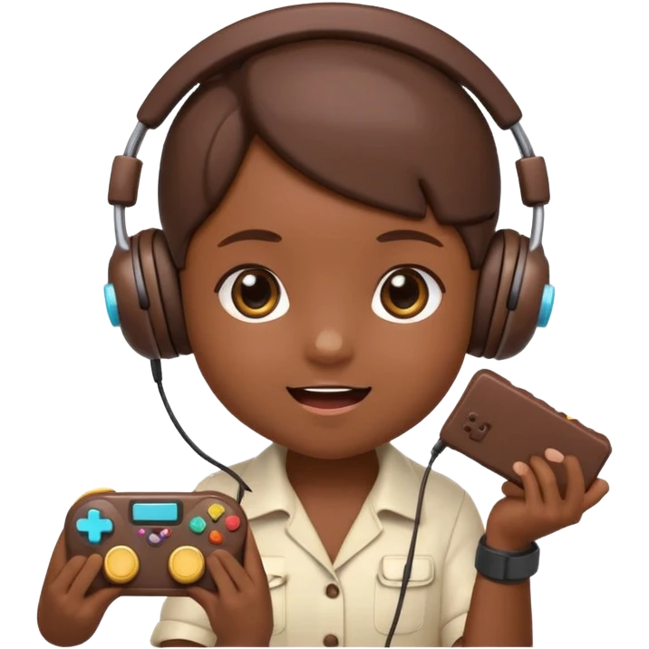 Cartoon chocolate mini pastry wearing tiny headset, holding tiny controller, focused excited eyes, chibi style, Twitch emoji style, transparent background, colorful
 emoji
