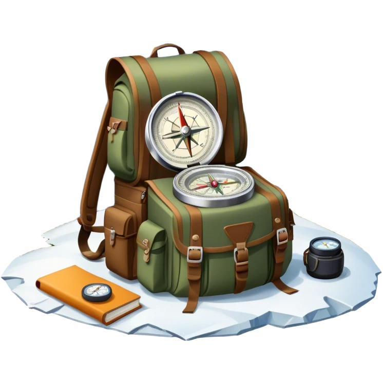 Icon for Expeditions: a compass, a map, and a backpack with trekking gear, placed on a rugged mountain terrain with snow-capped peaks. The icon should evoke the spirit of adventure and discovery in remote, unexplored places. Transparent background. emoji