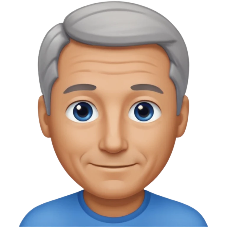 Middle aged man with tanned skin, receding dark grey hair and no beard, blue eyes, shy smile emoji