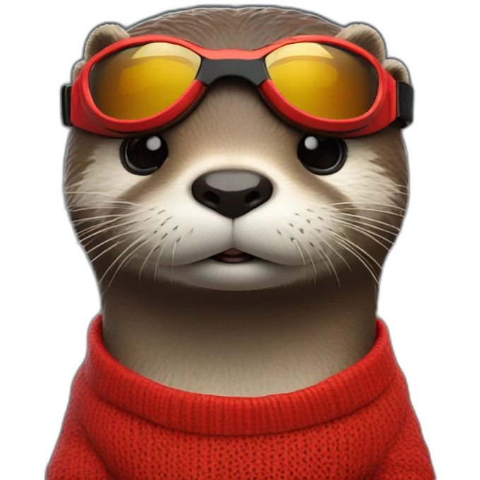 An otter weathering a red jumper with a pair of colour matching goggles looking off into the distance emoji