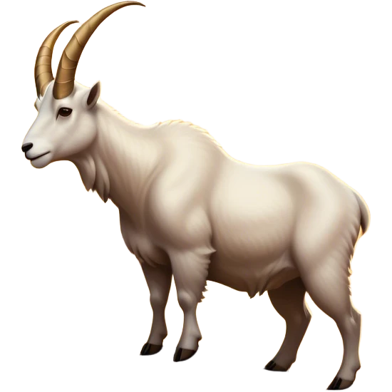 A detailed emoji-style illustration of a majestic mountain goat standing on top of a rugged mountain peak. The goat has large, curved horns and a strong stance, with a scenic background of a golden sunset. The image should capture the silhouette effect while maintaining expressive and cute emoji-like details emoji
