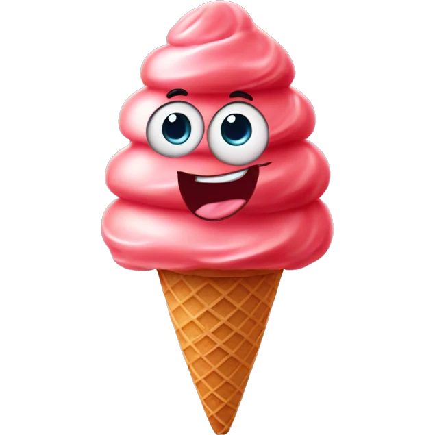 a rscoop of strawberry gelato on a sugar cone with an animated eyes and smiling mouthund  emoji