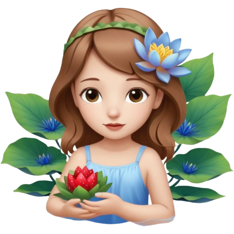 یه دختر زیبا با موهای قهوه ای روشن که مثل یک فرشته است و تازه متولد شده به همراه گل نیلوفر لای موهاش بالای گوشش و همراه با نیلوفرهای آبی و یک گل نیلوفر ترکیب شده با توت فرنگی در دست راستش. در ماه زیبا و بزرگ به وجود  آمده emoji