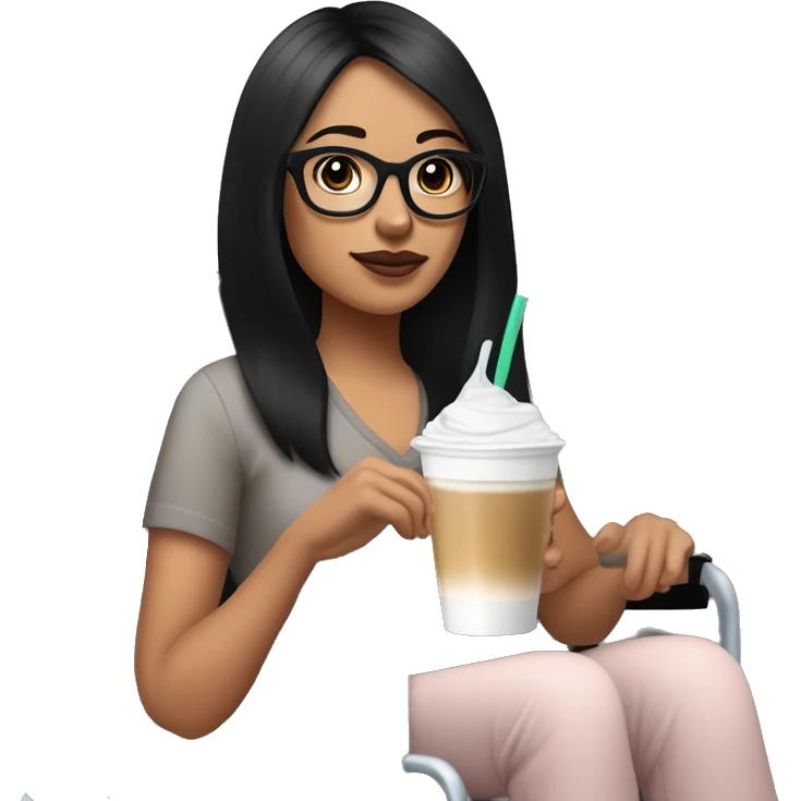 A young woman with straight black hair, light skin, and dark brown eyes sits in a black wheelchair. She has a light pink hearing aid, large black glasses, and a small mole by her right lip. Holding an iced coffee, she exudes a calm, stylish vibe. emoji