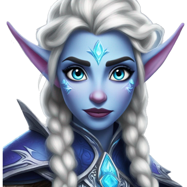 Night Elf Elsa in Warcraft style, oil paint, mysterious eyes, intricate lips, masterpiece portrait, beautiful, desirable, logical emoji