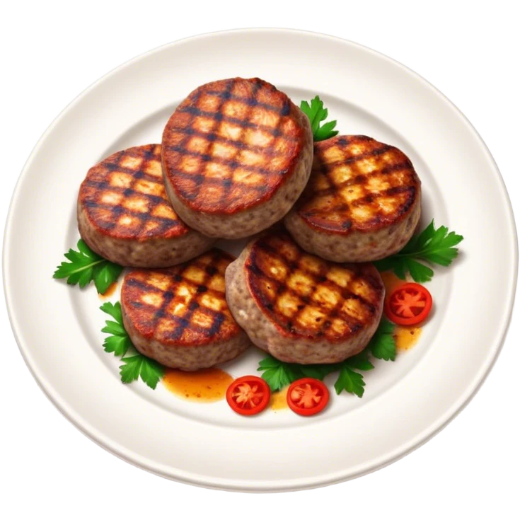 Cinematic Realistic image of Turkish Köfte, presented as perfectly formed, spiced meat patties with detailed textures and subtle grill marks, arranged artfully on a simple plate and illuminated by warm, appetizing lighting that accentuates their savory appeal. emoji