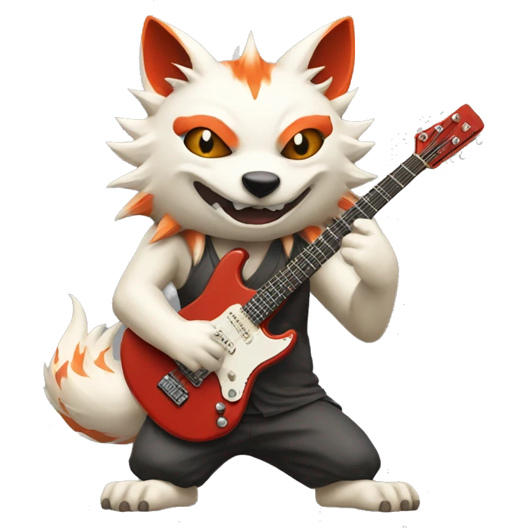 Nine-tailed Fox with japanese demon mask and Rock-guitar in paws emoji