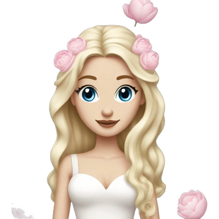White bride with long light blonde hair and blue eyes with light pink peonies in hair white skin  emoji