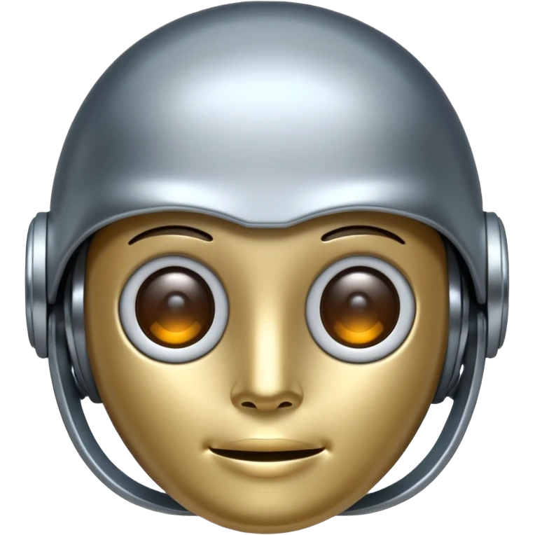 A cute futuristic robot emoji made of silver chrome, rounded friendly body, minimal facial features, glossy metallic surface, soft reflections, iOS emoji style, centered, clean white background emoji