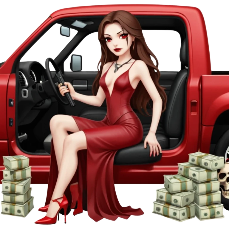 Lilith symbol red eye seductress evil long brown haired sexy succubus woman with leather long dress with slit on, sitting in Big Large F350 pickup truck. Platform long high heels on feet. Back seat full of stacks of cash, she is  Holding a human skull of her enemies and a gun in other hand emoji