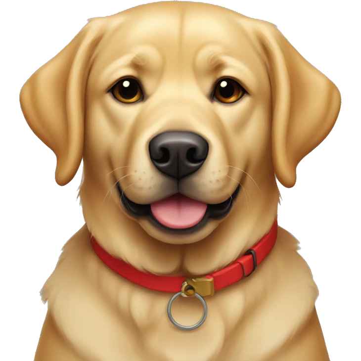 Round faced golden Labrador with black eyes and a smile and a red collar emoji