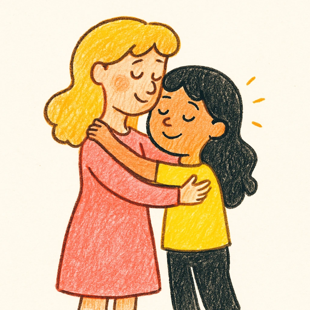 Change colors: girl with black hair and yellow t-shirt, mother with blonde hair and pink dress, in doodle style. emoji