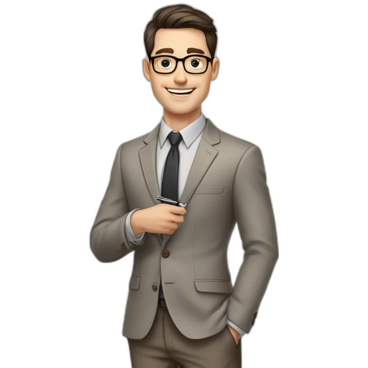 Pale skinned fit man with dark brown hair in gray jacket, beige office shirt, brown tie, brown pants and vintage glasses Writing text on the flipchart emoji