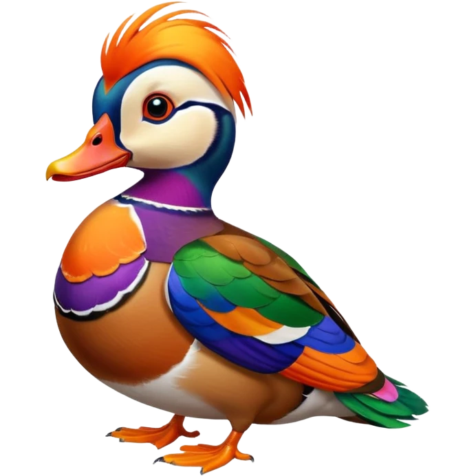 Hyperrealistic,, insane detail, 8k male Mandarin Duck,  layered feathers brightly colored plumage marked by bright orange, green, red, yellow, and purple, still life render 4k. No emoji icons, no emoji faces  emoji
